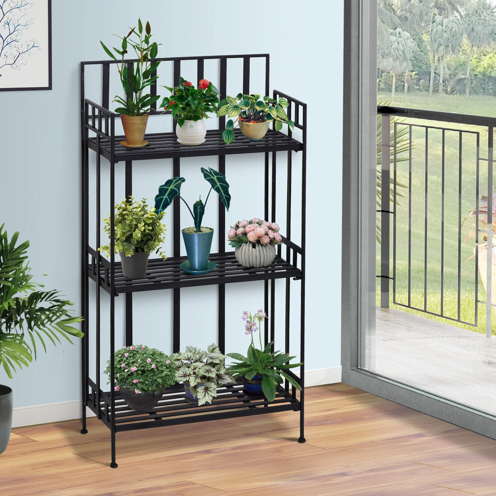 Outsunny Portable 3-Tier Plant Stand 61Lx29.5Wx120H cm Metal-Black - Image 9
