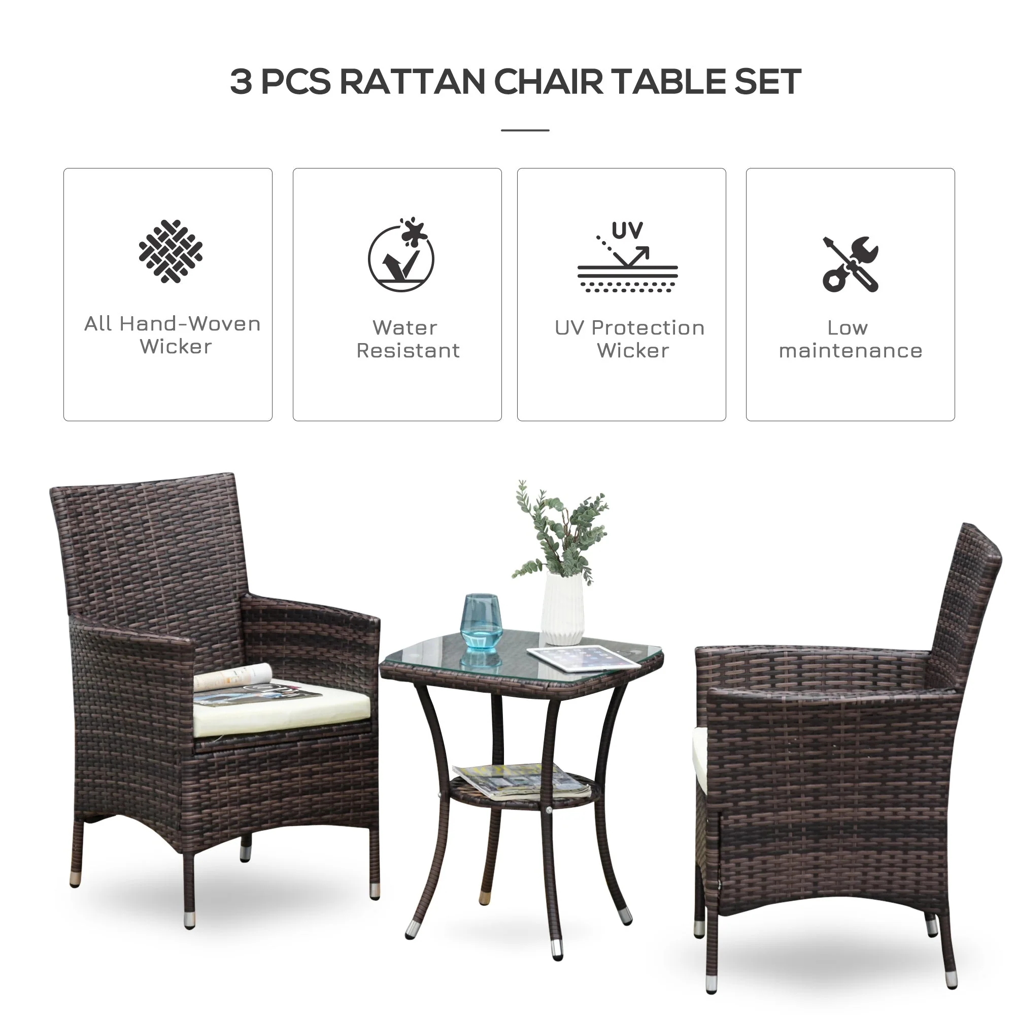 Outsunny Three-Piece Rattan Chair Set With Cushions - Brown - Image 4