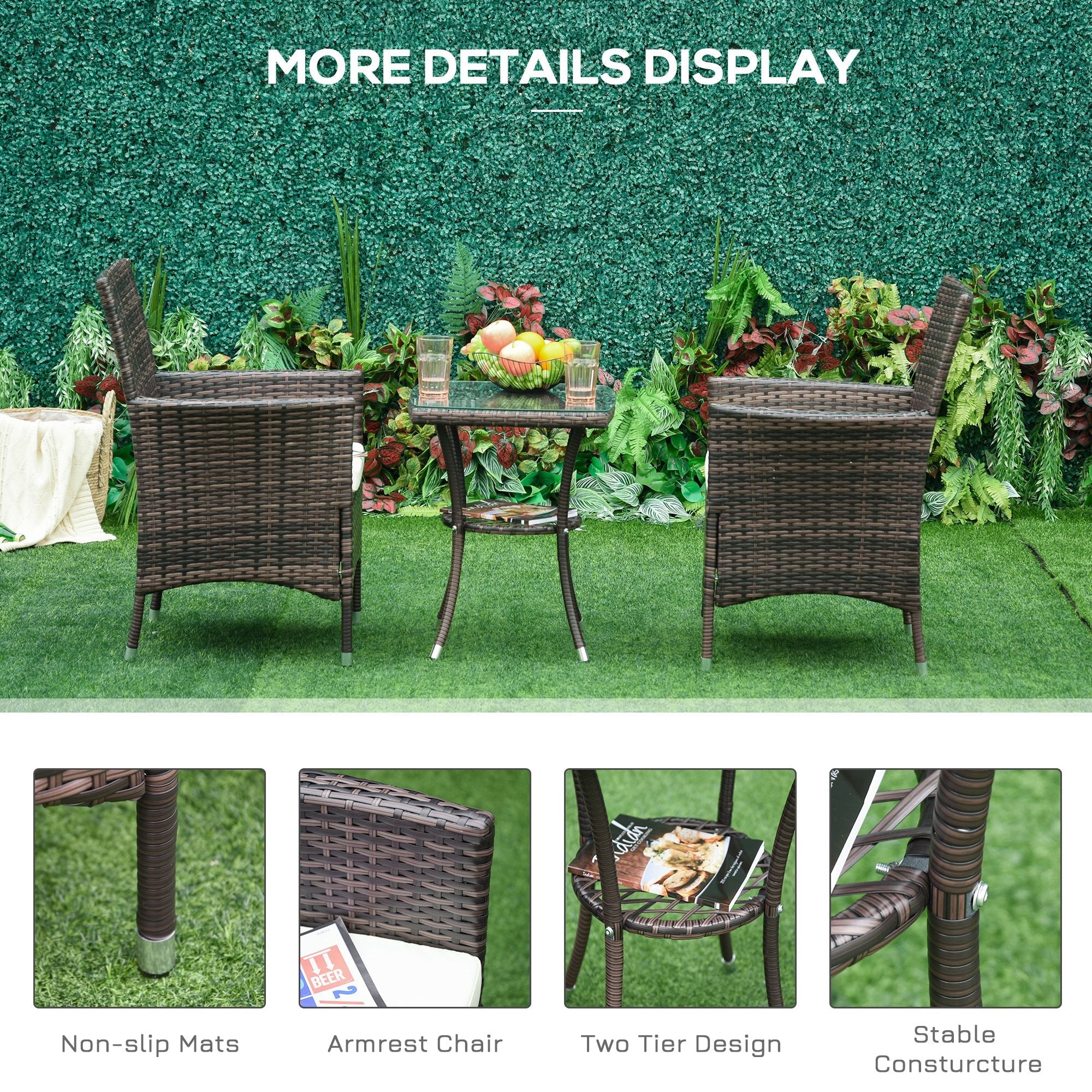 Outsunny Three-Piece Rattan Chair Set With Cushions - Brown - Image 6