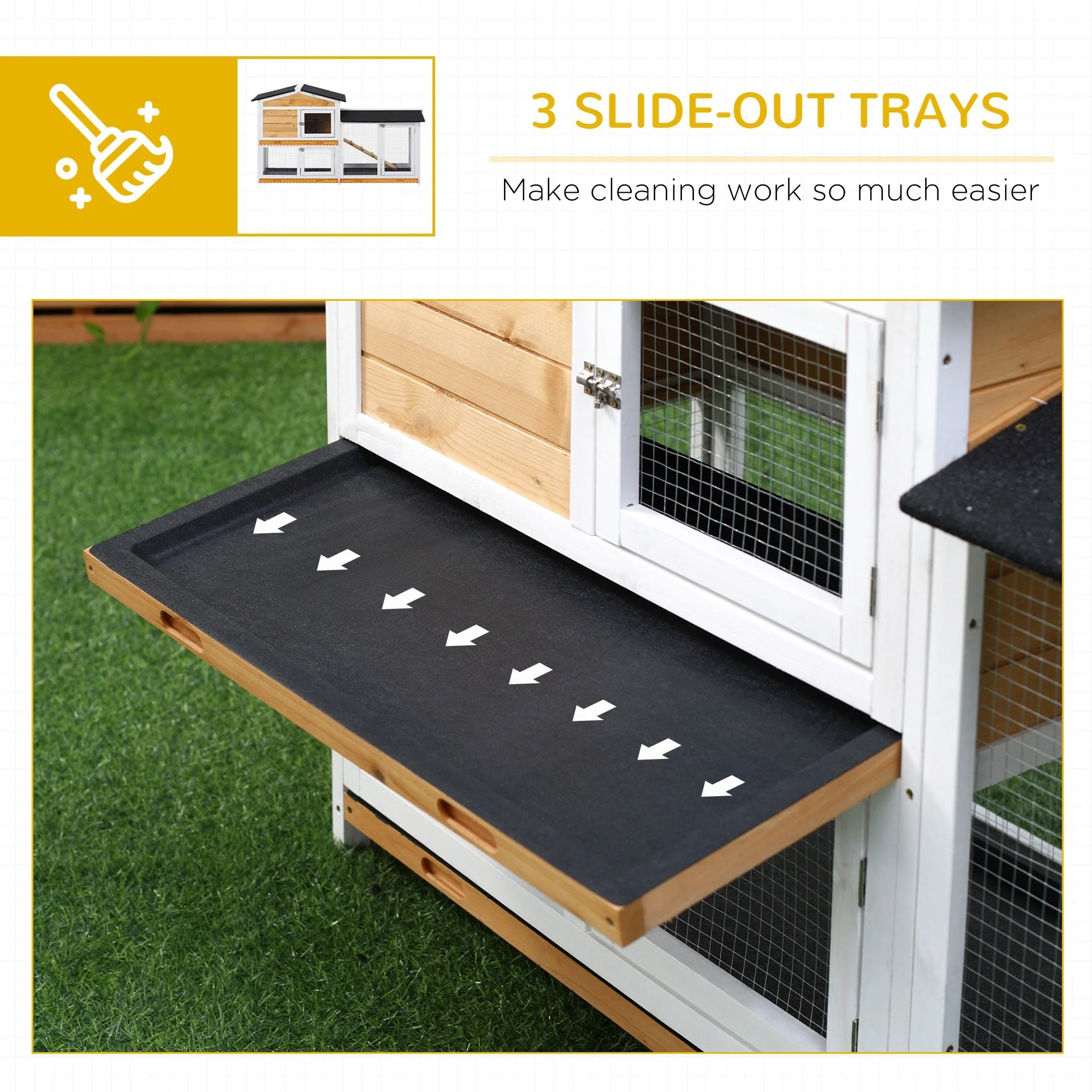 PawHut 2-Tier Wooden Rabbit Hutch Guinea Pig House Pet Cage Outdoor w/ Tray Ramp Yellow - Image 7