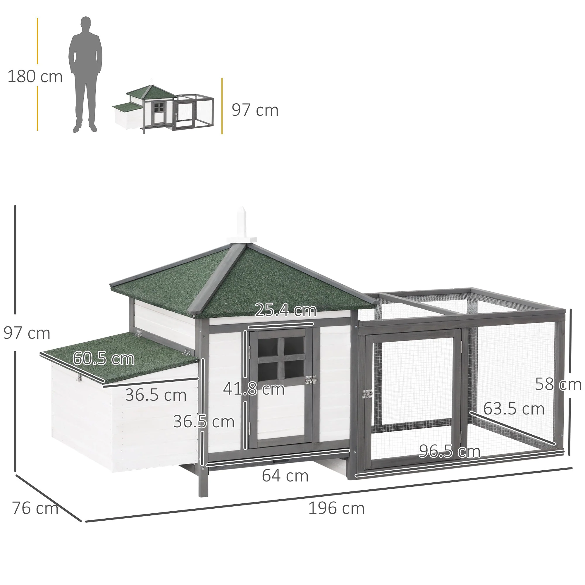PawHut Chicken Coop with Run Hen House Poultry Coops Cages Pen Outdoor Backyard with Nesting Box 196 x 76 x 97cm Grey - Image 4