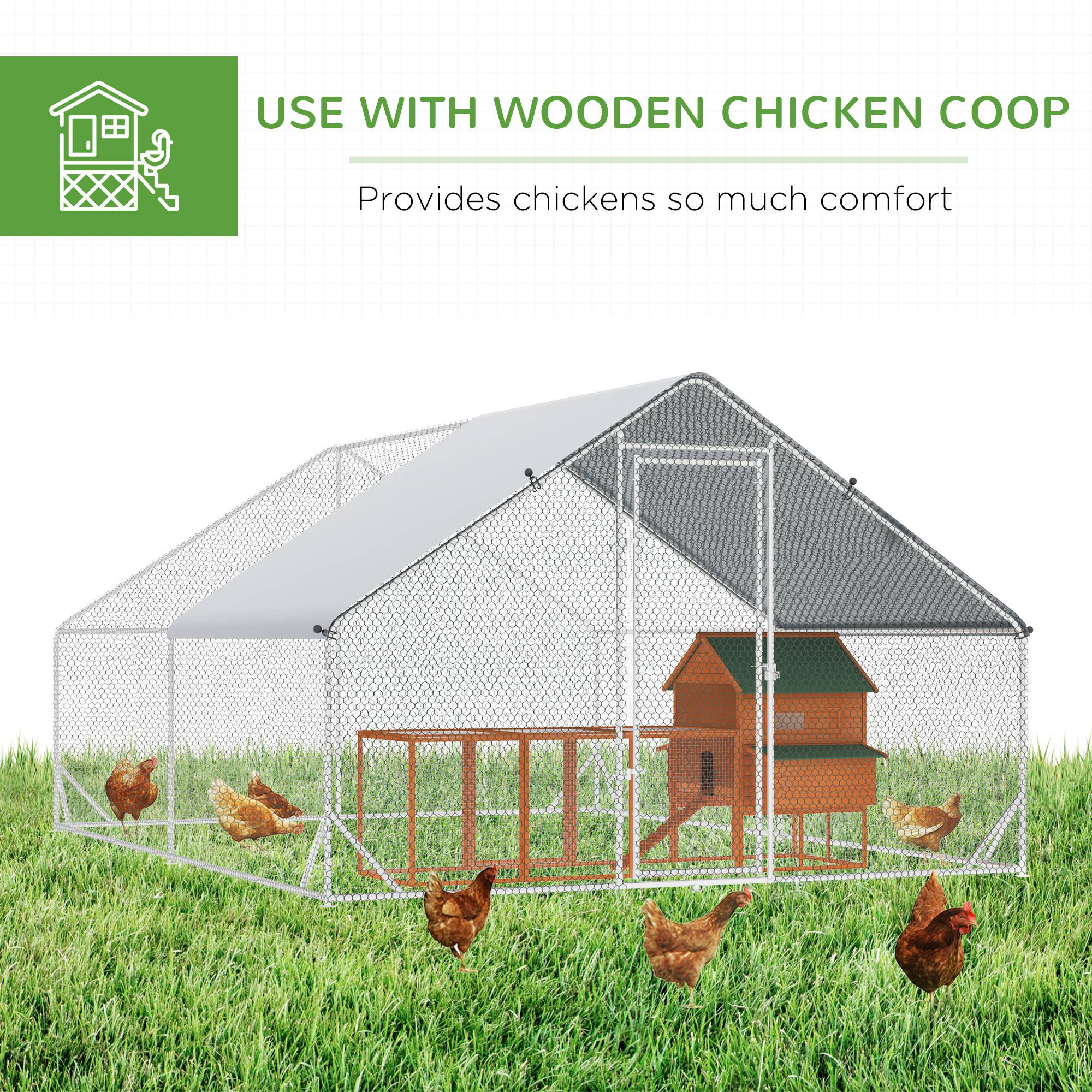 PawHut Walk In Chicken Run Galvanized Chicken Coop Hen Poultry House Cage Rabbit Hutch Pet Playpen Backyard With Water-Resist Cover - Image 7