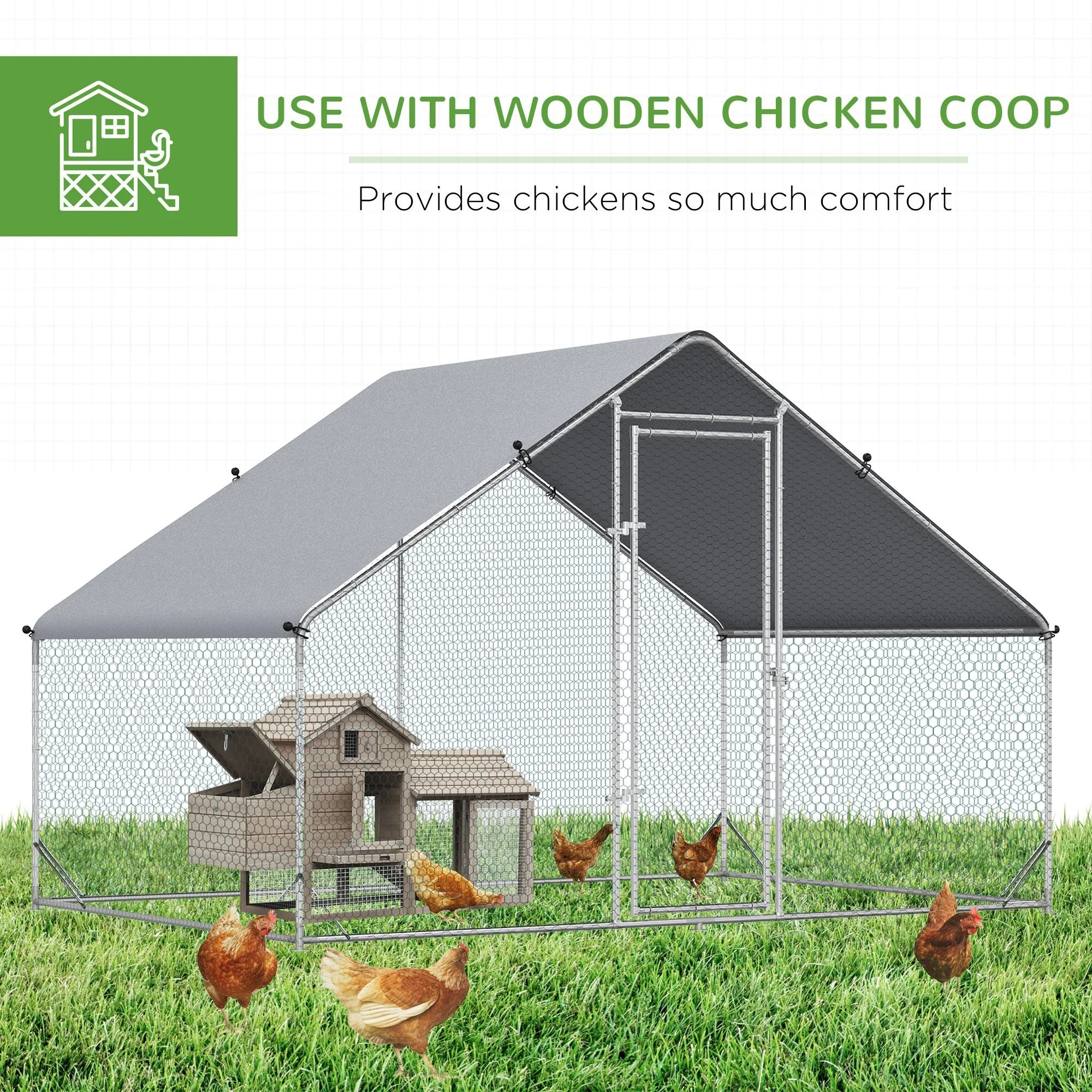 PawHut Walk In Chicken Run Galvanized Chicken Coop Hen Poultry House Cage Rabbit Hutch Pet Playpen Backyard With Water-Resist Cover - Image 4